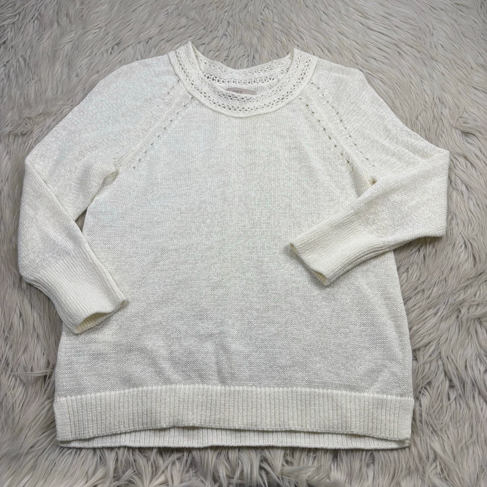 LOFT Women's S Off White Textured Knit Sweater Ramie Cotton Coastal Preppy